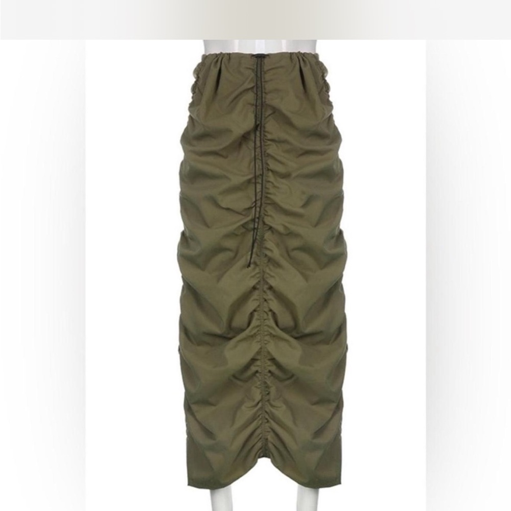 Chacha Brand Khaki Olive Green Ruched Drawstring Long Skirt